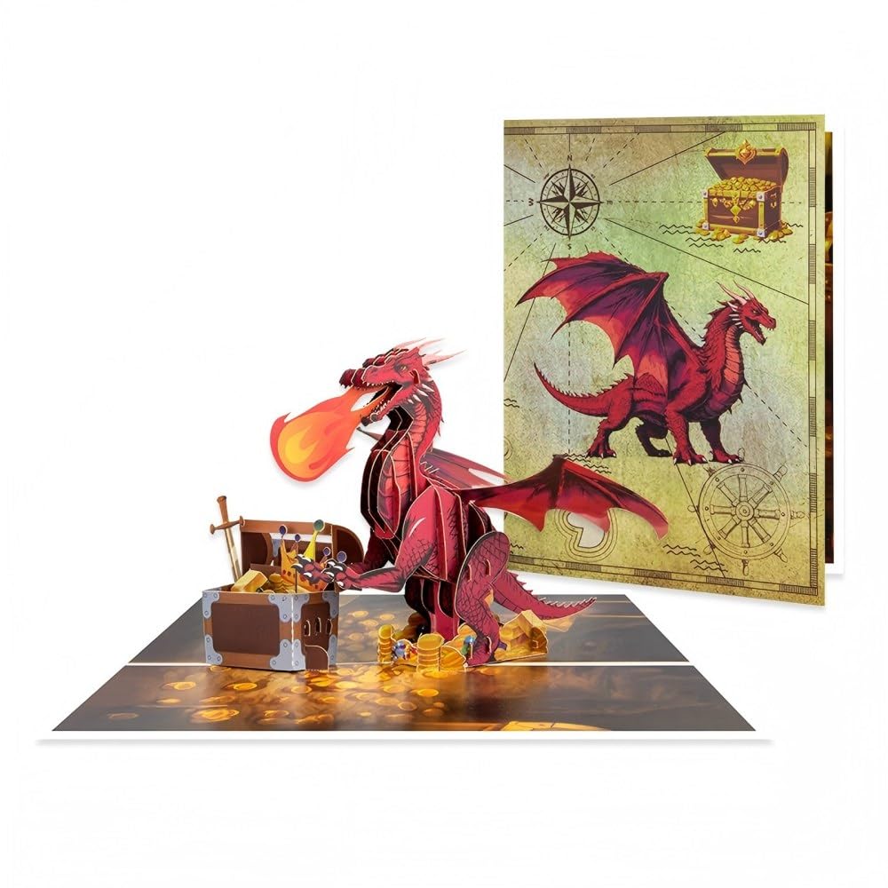 3D Pop Up Fiery Dragon Treasure Chest Medieval Fantasy Birthday Card For Boys Girls Teens Son Daughter