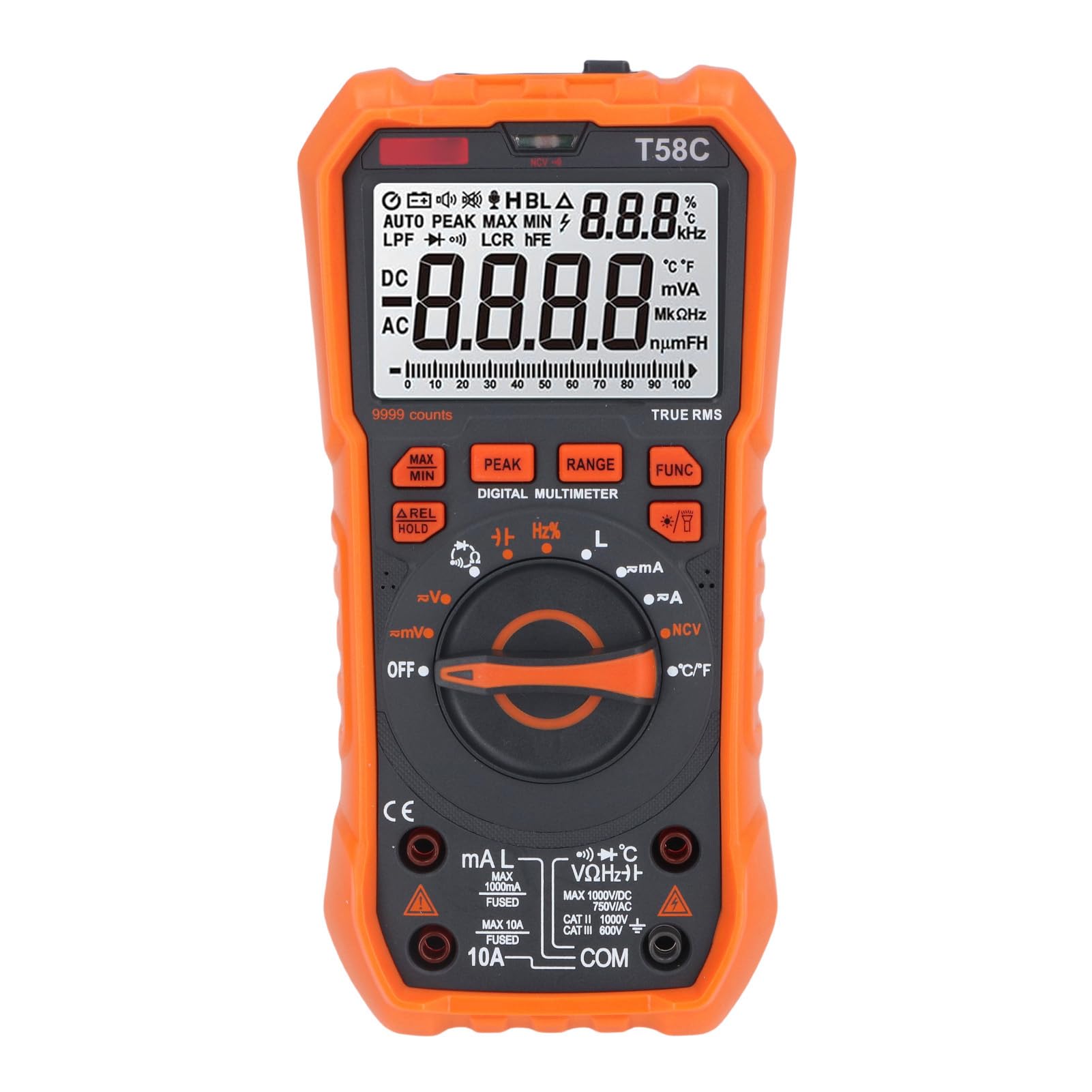 Jeffergarden Multimetro Digitale 9999 Conteggi TRMS Auto-Ranging Rilevatore NCV con Retroilluminazione Torcia Custodia in Silicone per Tensione Corrente AC DC Resistenza Capacità Frequenza