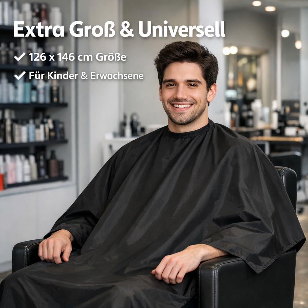 Nahaufnahme des IC-collection Friseurumhangs, die das wasserabweisende Material und die flexible Hakenschließe zeigt.
