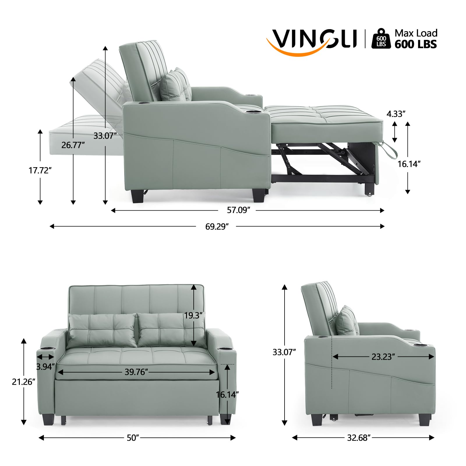 VINGLI Green Futon Sofa Bed Convertible Loveseat Sleeper Couch, Faux Leather Pullout Sofa Fold Out Couch Bed with USB Ports, Cup Holders, Armrest for Living Room, Bedroom Apartment Room