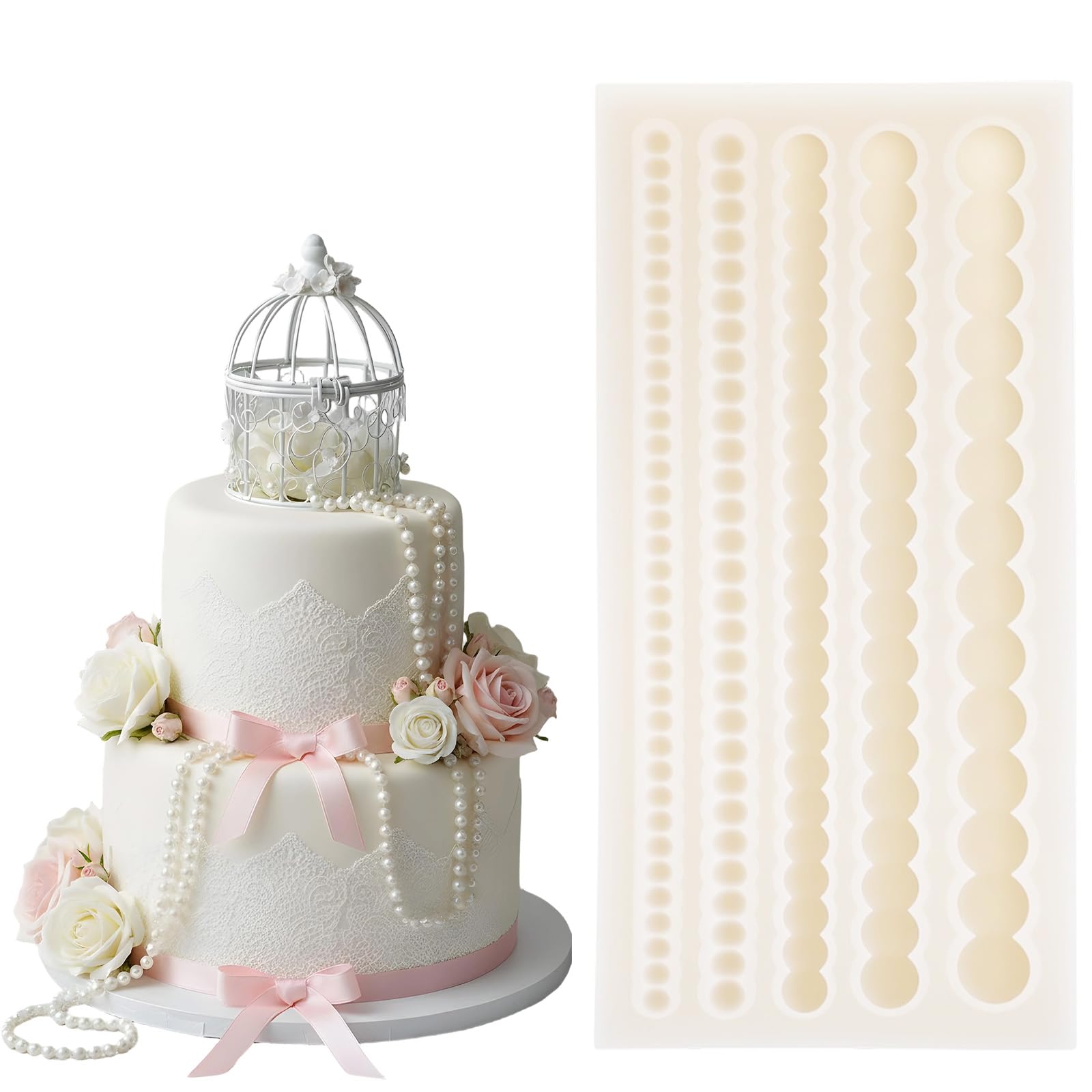 Ymapinc Pearl Chain Mould for Cake Border, 5 Sizes Silicone Pearl Fondant Molds for Chocolate Cupcake Toppers Cookies Candy Handmade Candle Wedding Birthday Christmas Valentine's Day