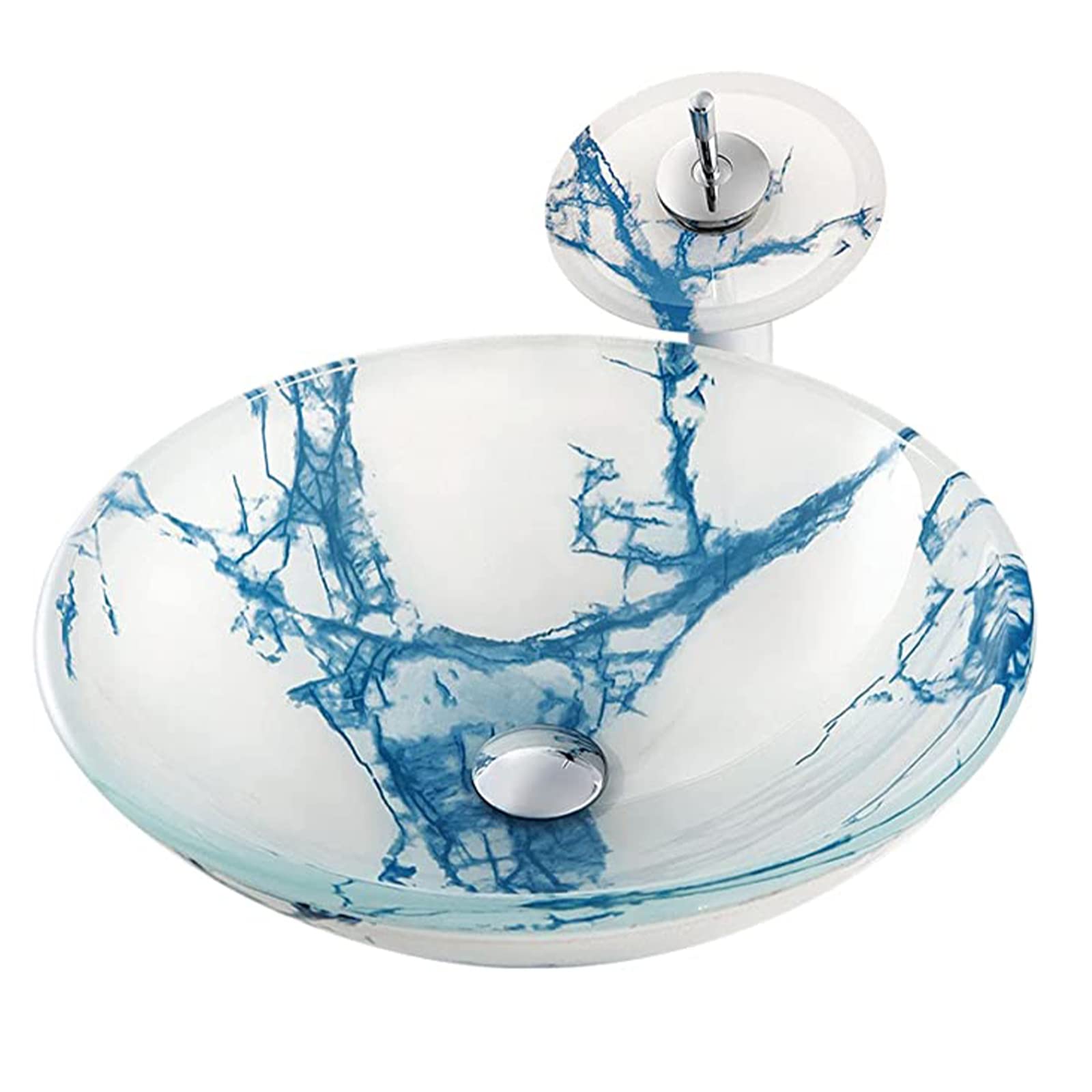 Gljtuo Blue Bathroom Vessel Sink,16.5" Tempered Glass Vessel Sink Round Vanity Sink Bowl Marble Texture Vessel Bowl Sink With Waterfall Faucet And Drain Combo