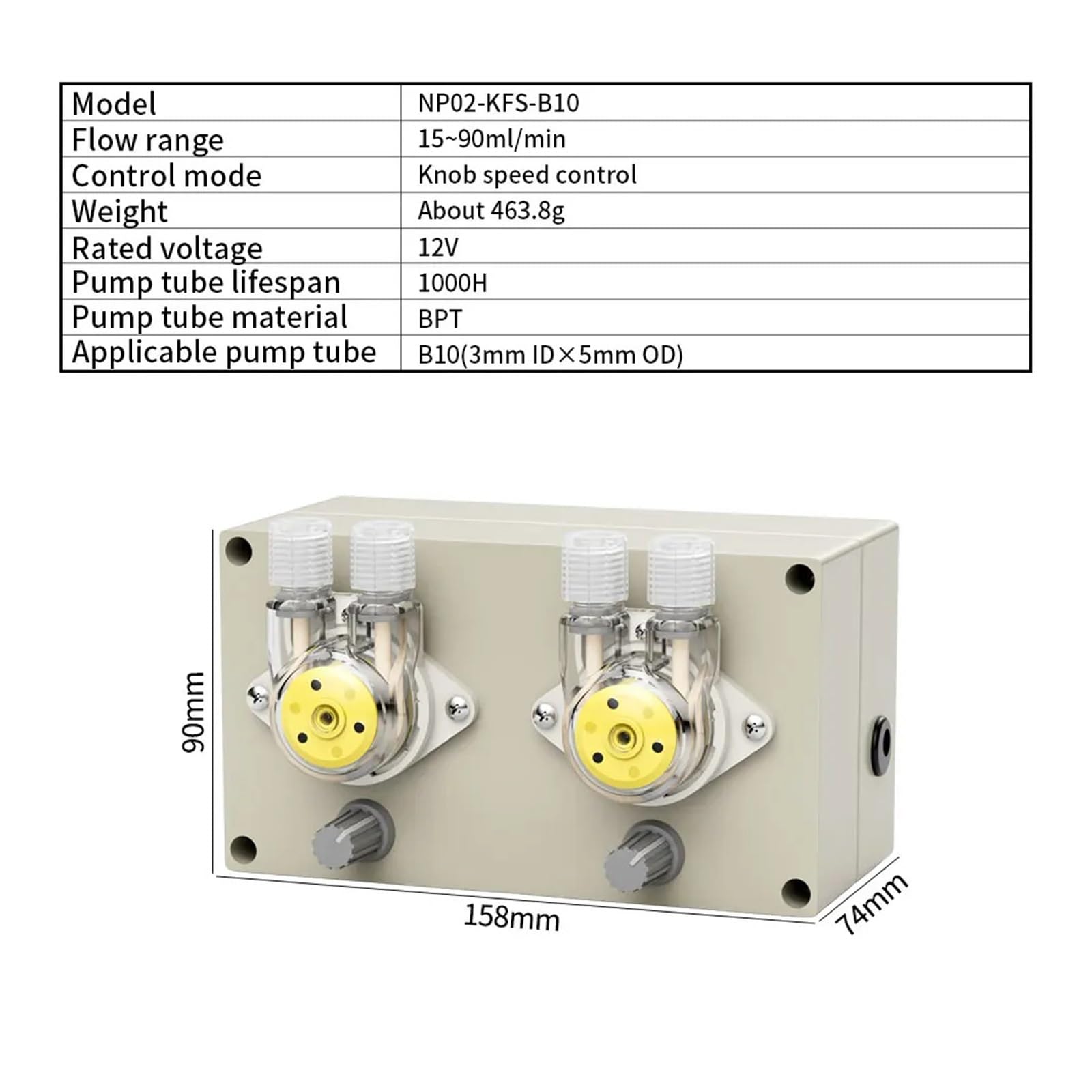 Bomba de Membrana, Bomba peristáltica de cabezales múltiples NP02-B10, bomba dosificadora ajustable con Motor de 15ml ~ 90ml/min de 12V CC con doble cabezal for laboratorio (3,0x5,0)(NP02-KFS-B10)