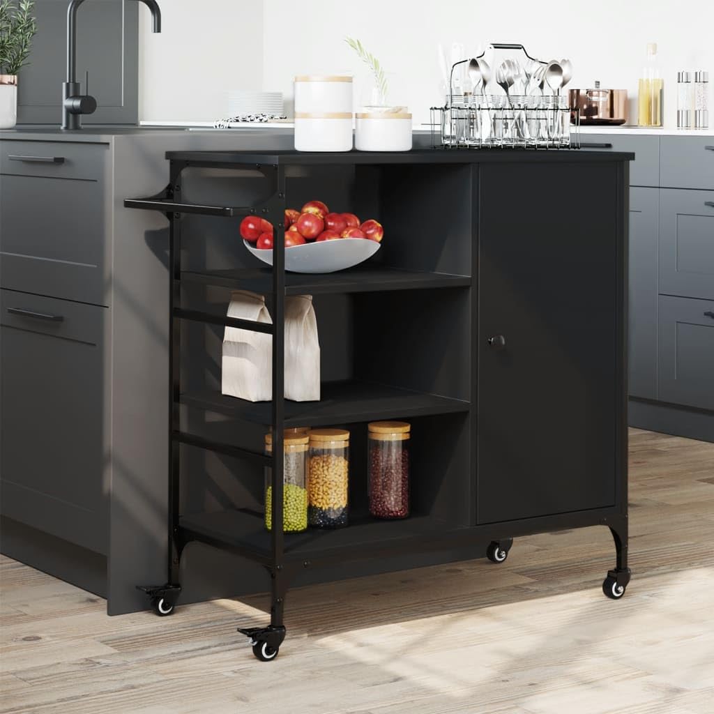 Carro de cocina negro con material de madera y marco de acero, 87,5 x 38,5 x 84,5 cm, con 4 ruedas y frenos, carrito de servicio con espacio de almacenamiento, estante, carrito auxiliar para