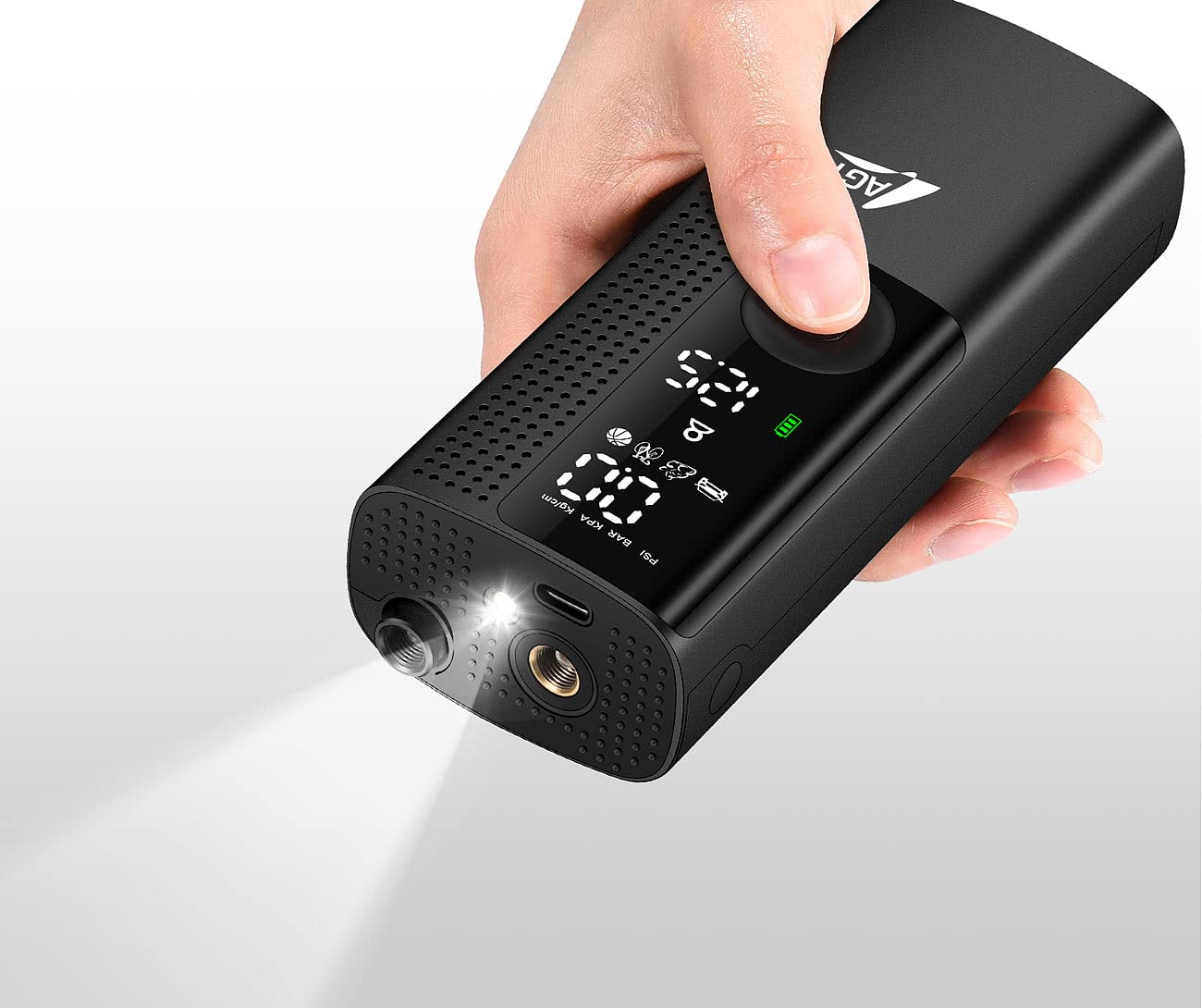 AGT Akku Kompressor: Smarte Akku-Luftpumpe mit OLED-Display; bis 120 psi; Bluetooth und App (Akkuluftpumpen, Mini Kompressor, Ball)