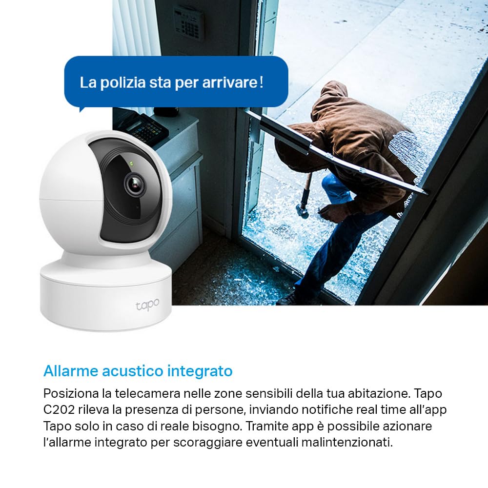 Tapo C202 Telecamera Wi-Fi Interno, Porta Ethernet, Videocamera Sorveglianza FHD, Visione Notturna, MicroSD fino a 512GB, Audio Bidirezionale, 360° Visuale, Alexa, Google, Allarme acustico e luminoso