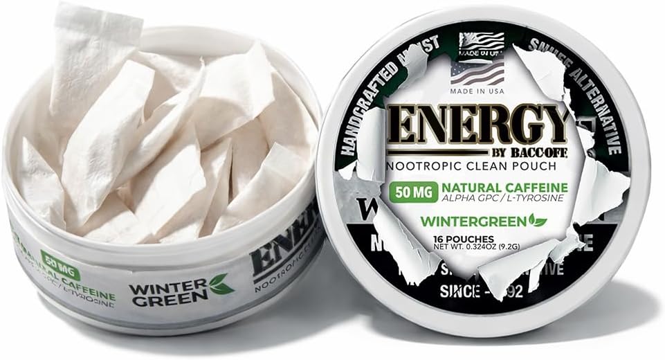 1 Can, BaccOff Energy Wintergreen Nootropic Pouches – 50mg Caffeine per Pouch, Dry Energy Pouches, 16 Pouches