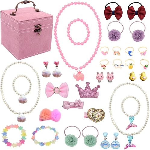 Miniatura 2 de Joyero de 3 capas con espejo y 35 piezas de joyería de princesa para niña, accesorios de vestir, juego de juguete