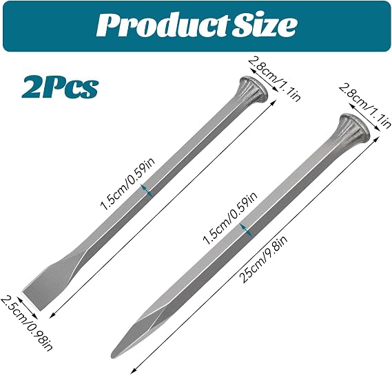 Cold Chisel Set, 2 Piece Set Flat and Pointed Chisels Heavy Duty Concrete Brick Rock Cold Steel Chisel for Tile Masonry Brick Wall Granite Concrete