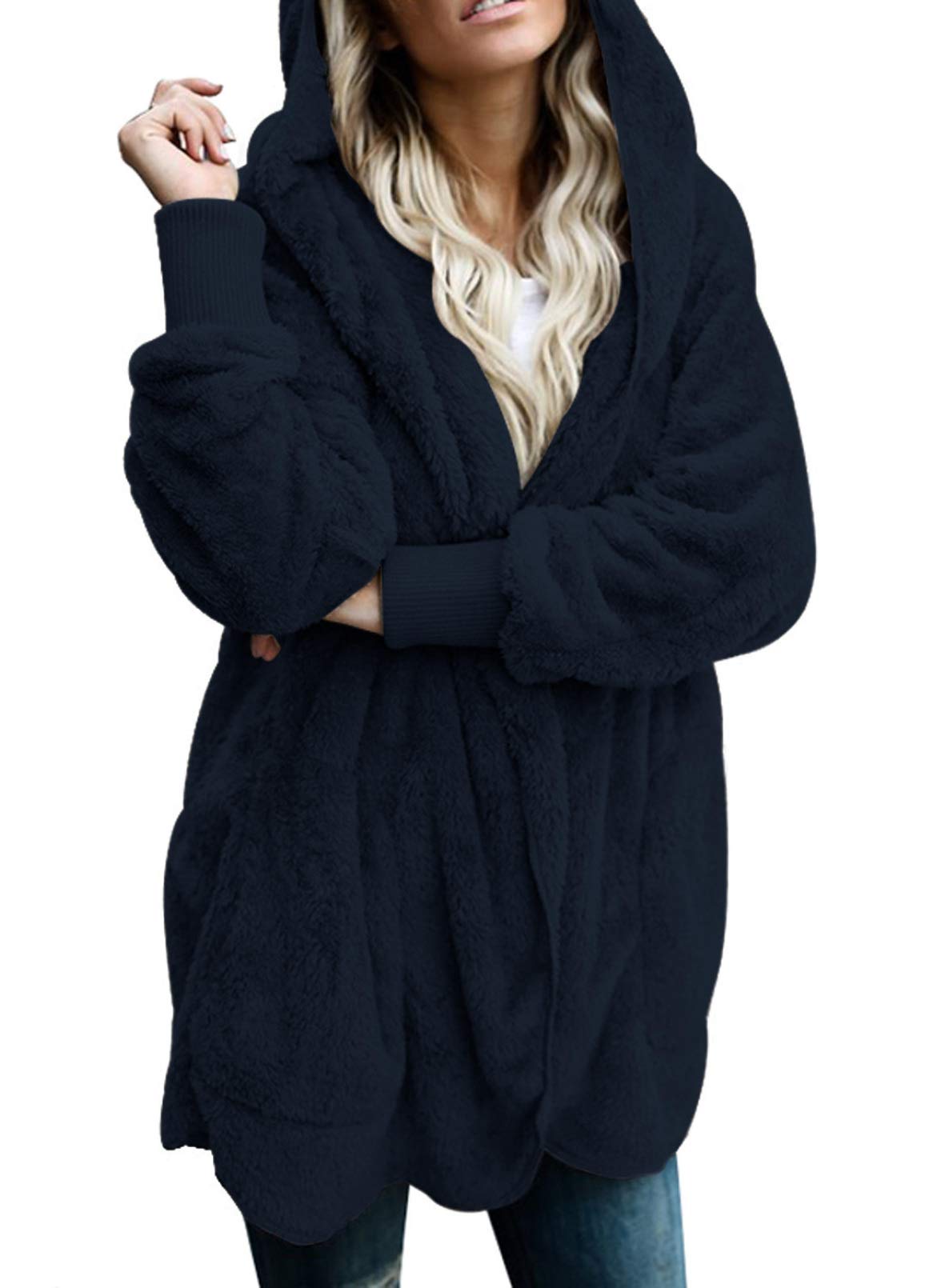 Dokotoo Womens 2025 Winter Long Sleeve Solid Fuzzy Fleece Open Front Hooded Cardigans Jacket Coats Outerwear with Pocket