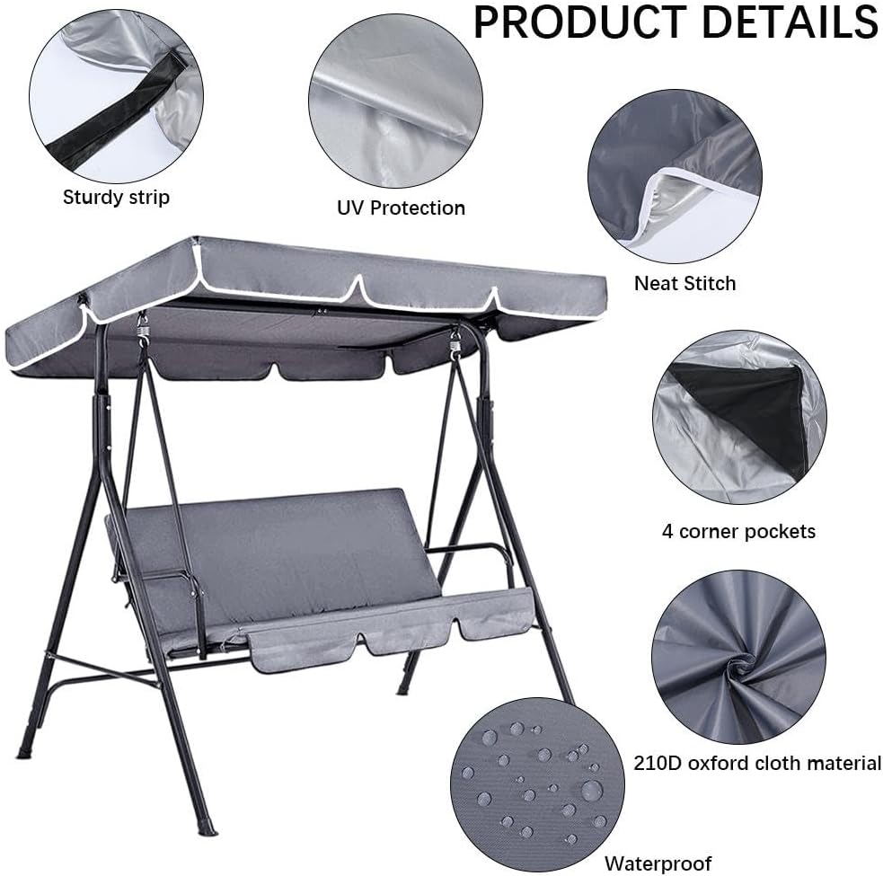 CREATCABIN Patio Swing Canopy Replacement Cover Outdoor 3 Seater Porch Swing Seat Chair Canopy Top Cover 210D Oxford Cloth Waterproof UV Protection for Garden Hammock Top Furniture Covers Gray 77x49in
