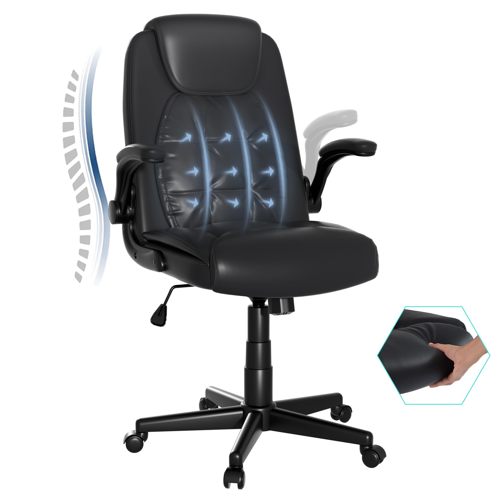 VECELO Ergonomic Executive Chair with SGS Gas Lift Lumbar Support, Adjustable Height and Rocking Mode, Flip-up Arms, 360°Silent Swivel for Home Office and Gaming, Coffee Brown, High Back, Jet Black