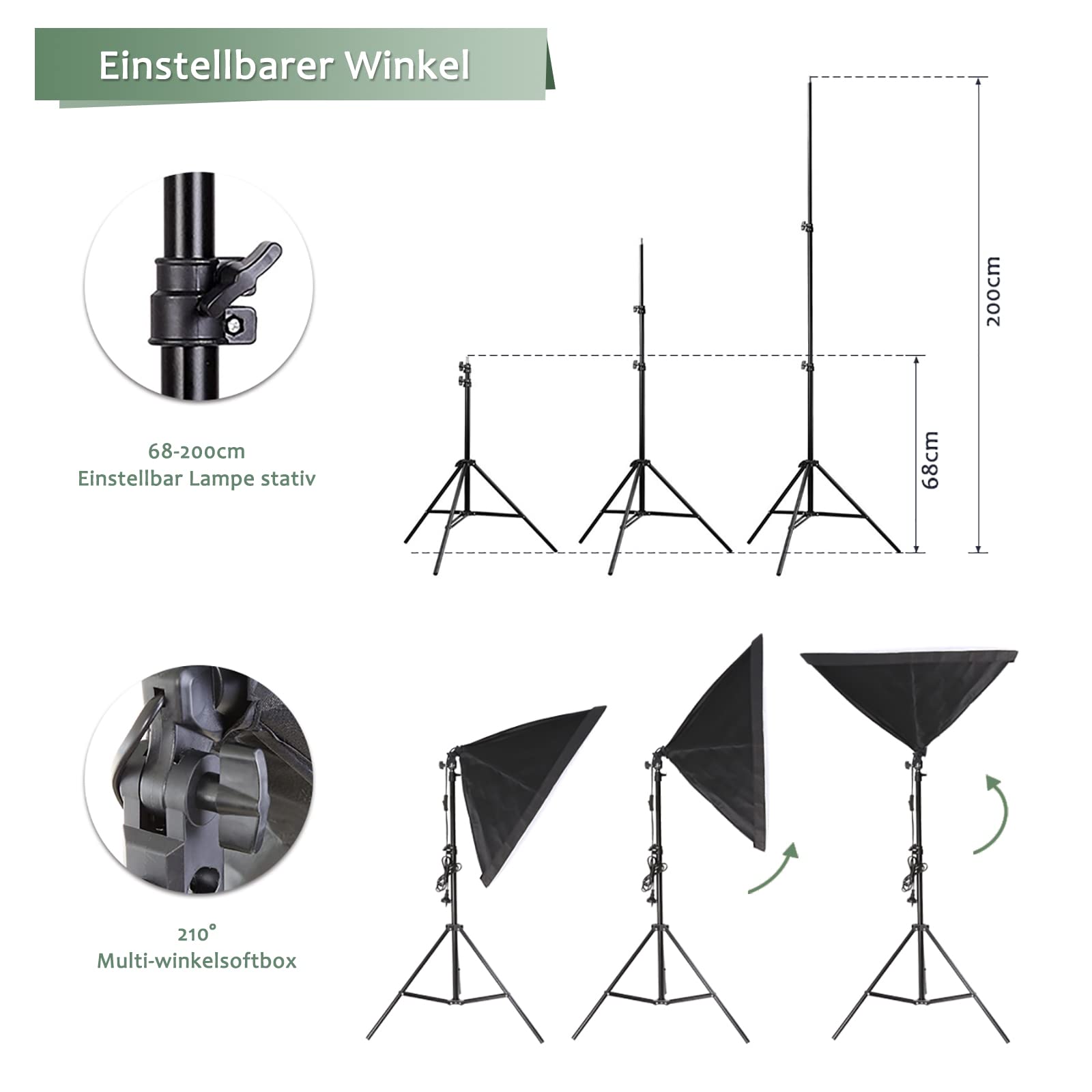 OUBO Profi Fotostudio Kit 4 x Schwarz 2 Weiß Grün Fotostudio Set mit 5in1 Reflektor 60cm Durchmesser Stativ Studiolampe Schutztasche