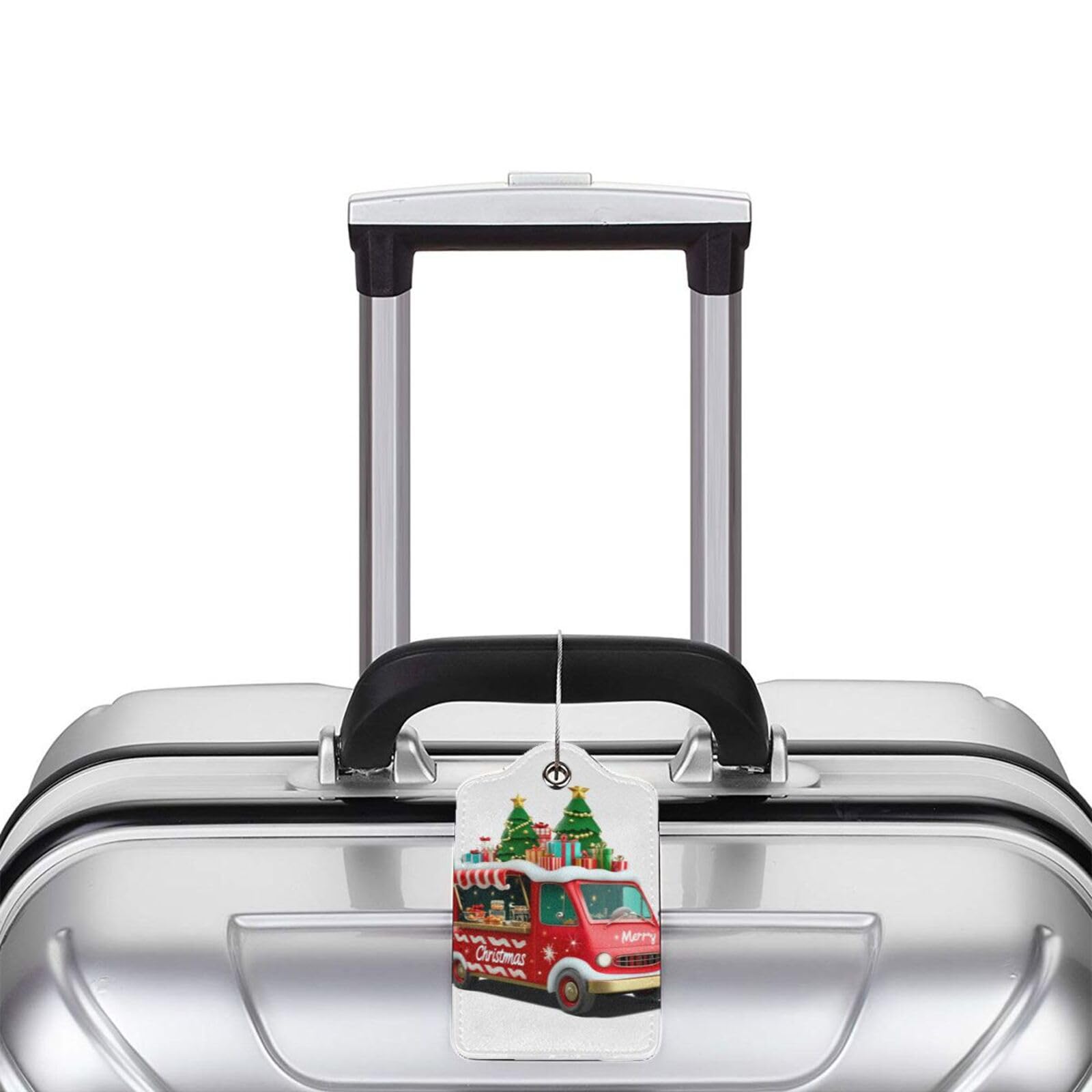 4 etiquetas de equipaje de piel sintética para maleta, autobús rojo con árbol de Navidad y etiqueta de equipaje de regalo con lazo de acero inoxidable, etiqueta de identificación de cubierta de
