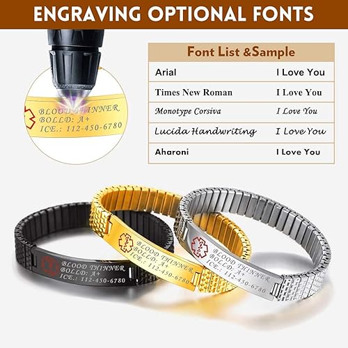 Miniatura 6 de Bandmax Pulsera de alerta médica de acero inoxidable personalizada con identificación de emergencia elástica para diabéticos, joyería de alerta
