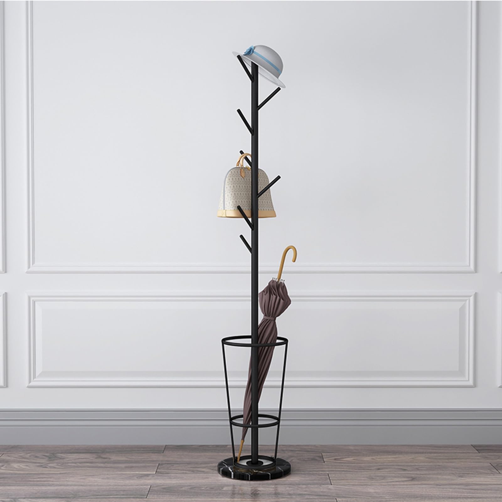 Moderno portaombrelli con appendiabiti, in metallo, indipendente, per interni, design vintage (nero + nero) - soluzione elegante per la casa