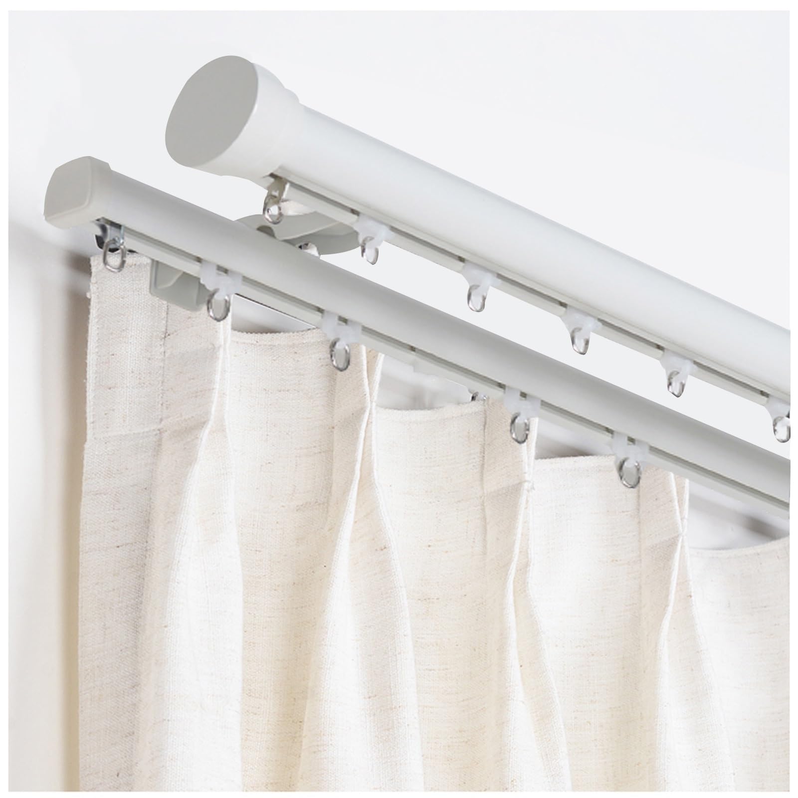 Cmjymx White Double Curtain Rod Set, Curtain Rail With Cap Finials, Wall Mounted Curtain Poles For Windows, With Track, Roller, Installation Hardware, And End Cap(,11.2Ft/340Cm)