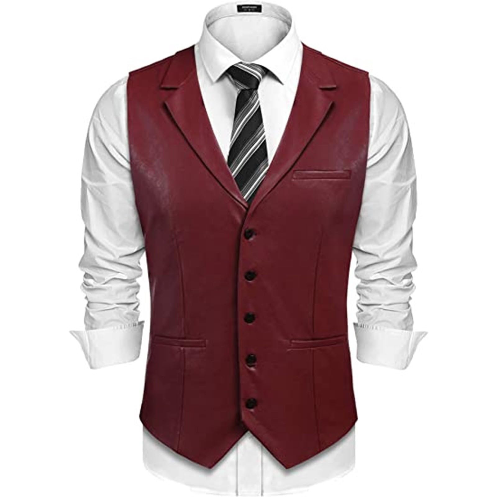 Gilet vintage da uomo, elegante, in pelle, con risvolto, scollo a V, con bottoni, con molte tasche, da uomo, per feste formali