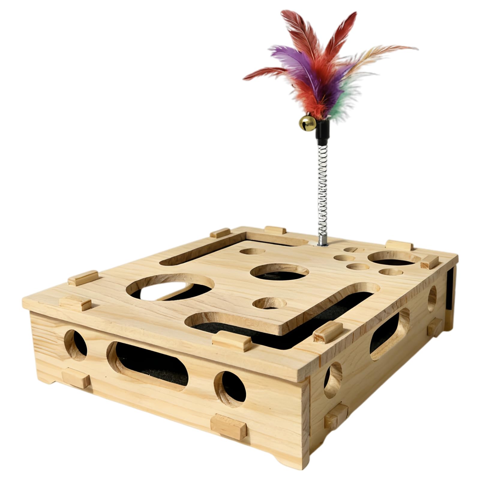 Generisch Holz-Katzen-Spielzeugkiste, mit Federangel und 3 Rasselbällen, Labyrinth-Design Kratz-Puzzle, seitliche Öffnungen, interaktives Spiel, gegen Langeweile, Pfotenmassage, 29,5 x 25 x 7 cm