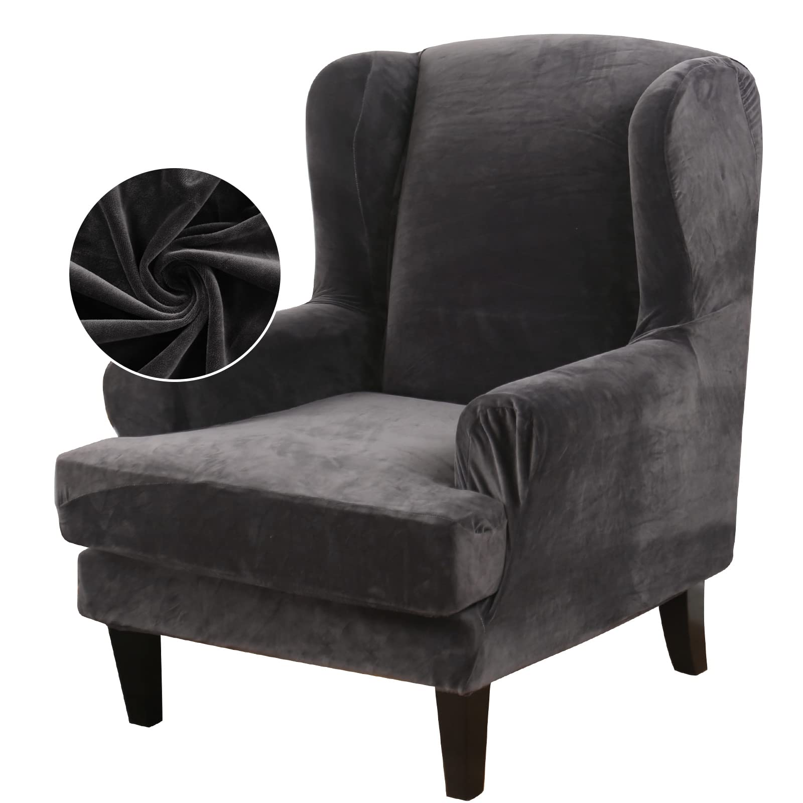 Topchances Wingback Chair Cover Slipcover,2-Piece Stretch Velvet Plush Wing Back Slipcover Wingback Armchair Chair Cover with Elastic Bottom for Wingback Chairs Armchairs (Dark Grey)