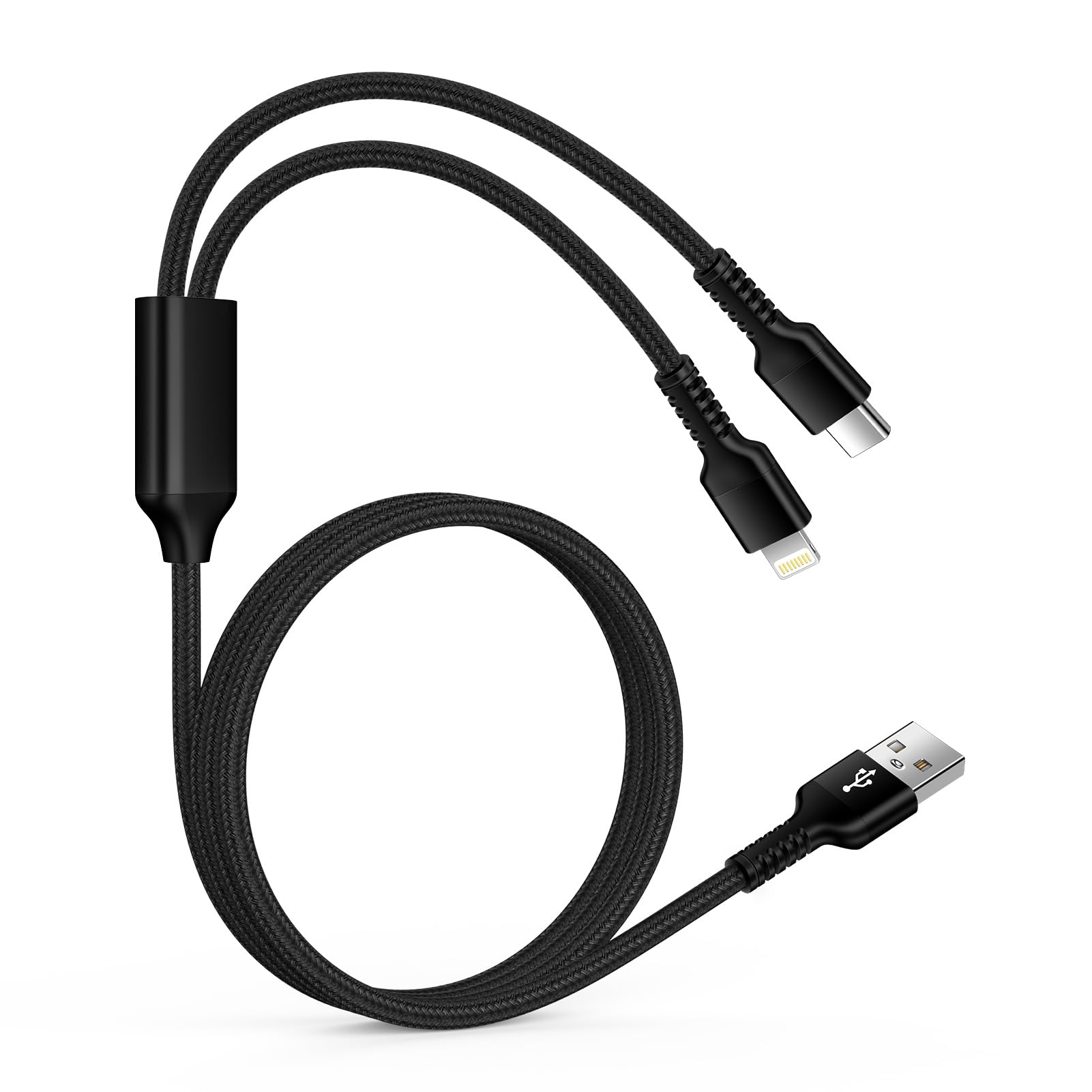 Ocbuo [ライトニングケーブル+Type-Cケーブル] 2in1充電ケーブル USB to Lightning&Type-C 2台同時急速充電 1.2M マルチ 二股ケーブル ライトニング USB-C アイフォン アンドロイド 両方対応 iPhone 17/16/15/14 Galaxy S26/S25/S24 (充電専用)