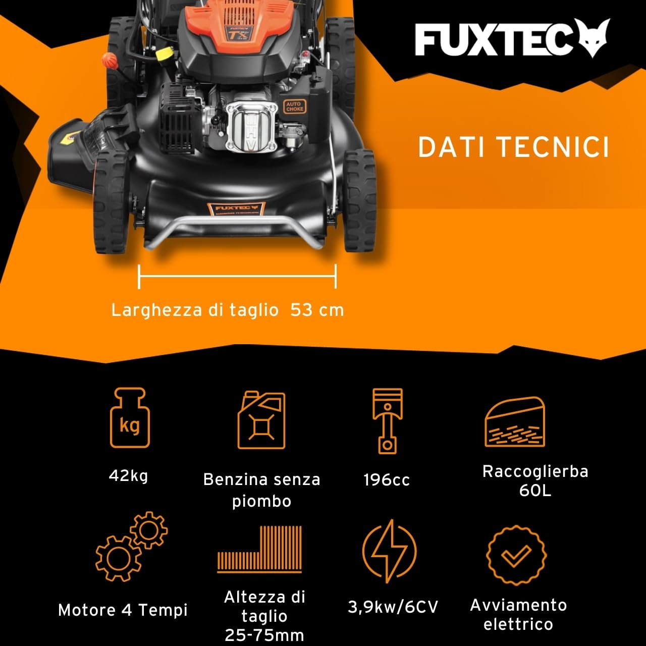 FUXTEC FX-RM5396eSPRO Tagliaerba a scoppio semovente, avviamento elettrico, velocità regolabile, scarico laterale, larghezza di taglio 53 cm, mulching, altezza 25-75 mm, cassetta per erba 70L