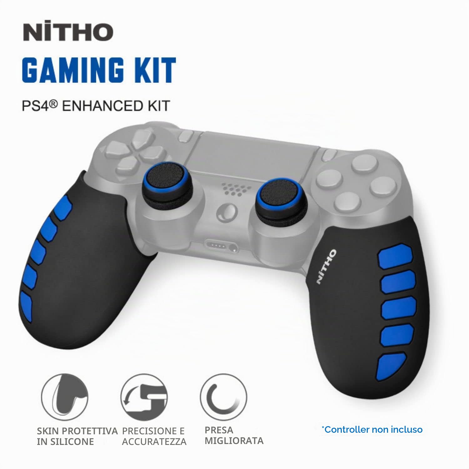 NiTHO Gaming Kit per Controller Playstation 4, Include Impugnature Silicone Anti-Sudore, Anelli di Precisione, Copri Levette Analogiche, Migliora il Controllo e la Precisione del Gioco per PS4