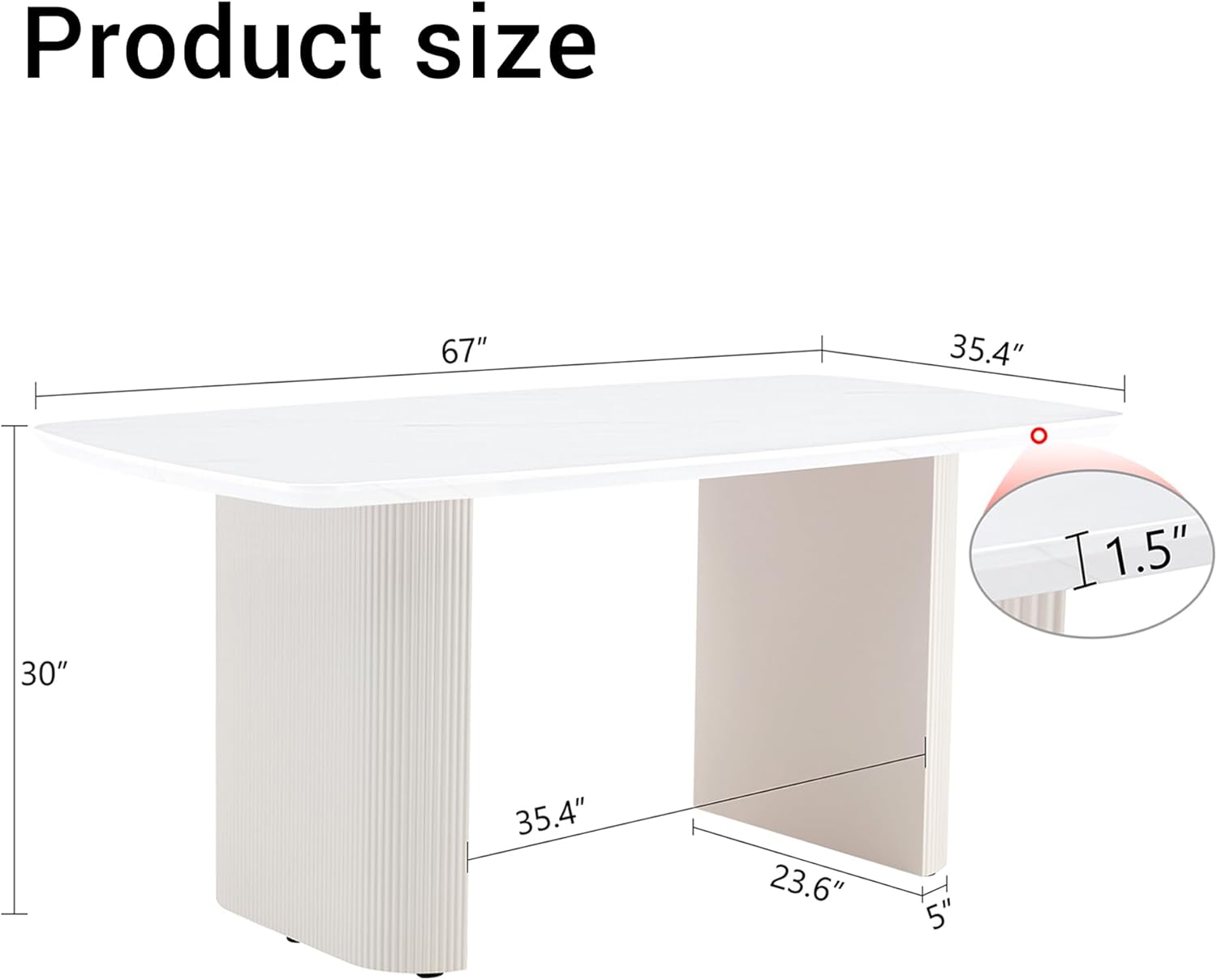 Diagram showing the dimensions of the HanStrong 67 inch dining table, including length, width, height, and tabletop thickness.