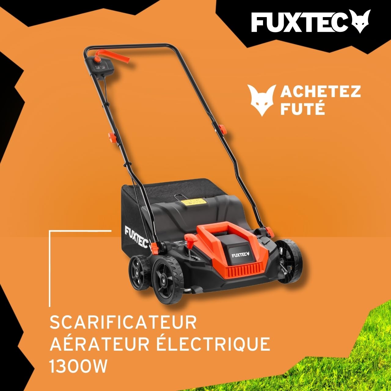 Scarificateur électrique FUXTEC, aérateur de gazon avec 1300 watts de puissance, largeur de travail 32 cm et réglages de profondeur de -12 à +10 mm, bac de ramassage 40 L
