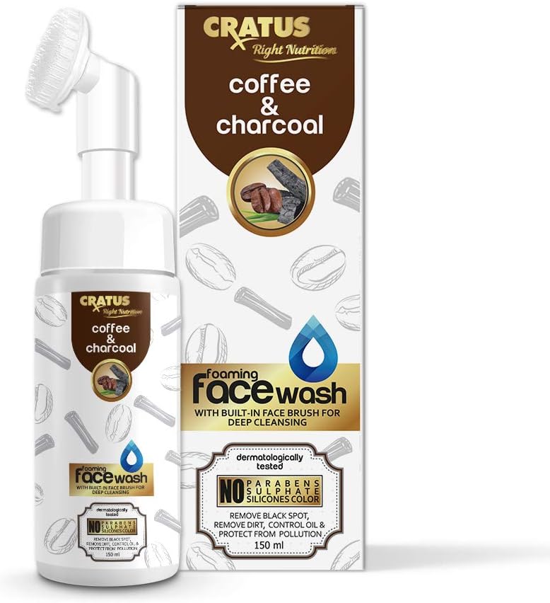 Cratus Brightening Coffee & Charcoal Foaming Face wash Built–in Face Brush for deep Cleansing – Remove Dark Circles & Acne, Anti-Aging Properties - No Parabens, Sulphate, Silicone Color – 150ml