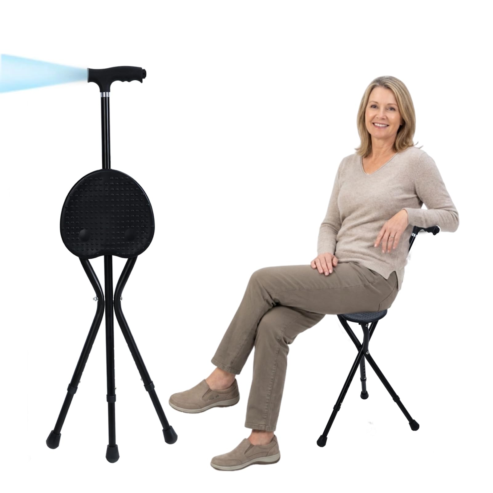 Bastón con asiento y luz LED, bastón plegable con asiento, altura ajustable, taburete muleta para hombres mayores, adultos, personas convalecientes, capacidad de 440 libras