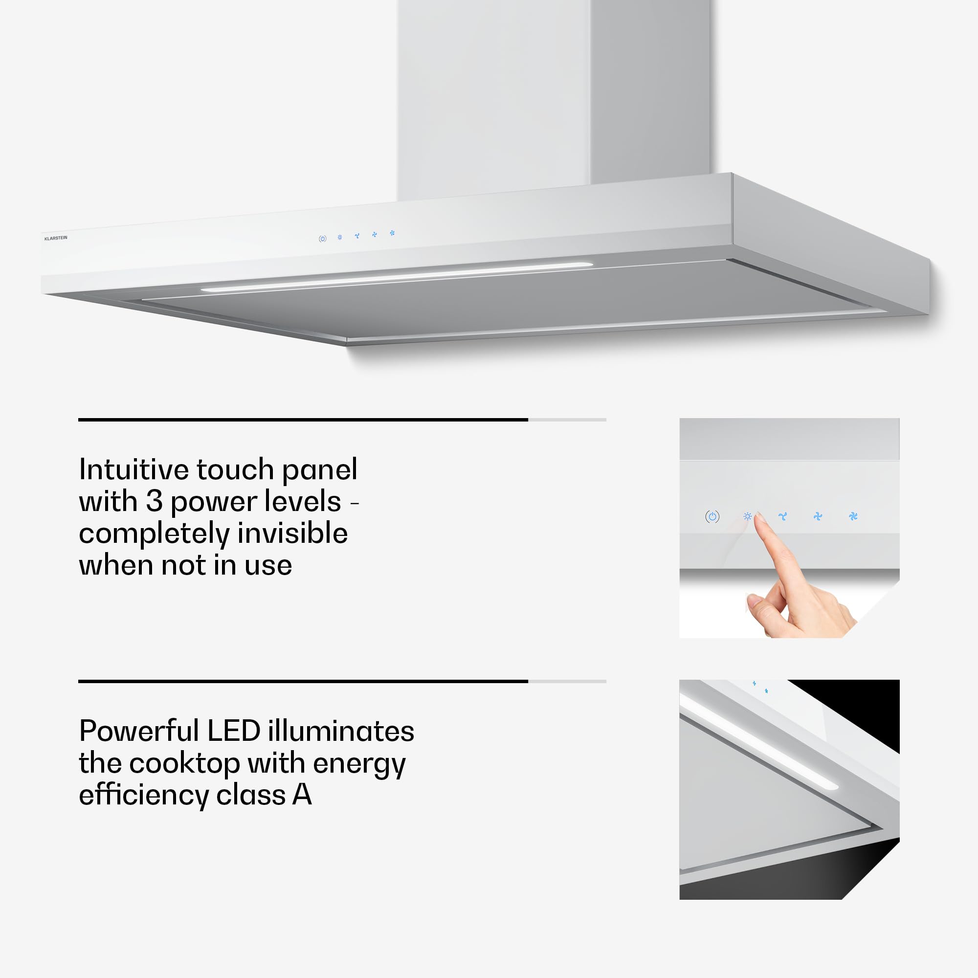 Klarstein Okap kuchenny, Velaire 90 cm – 595 m³/h, efektywność energetyczna A++, sterowanie dotykowe, LED, cichy, filtr aluminiowy i z węglem aktywnym, okap ścienny, biały