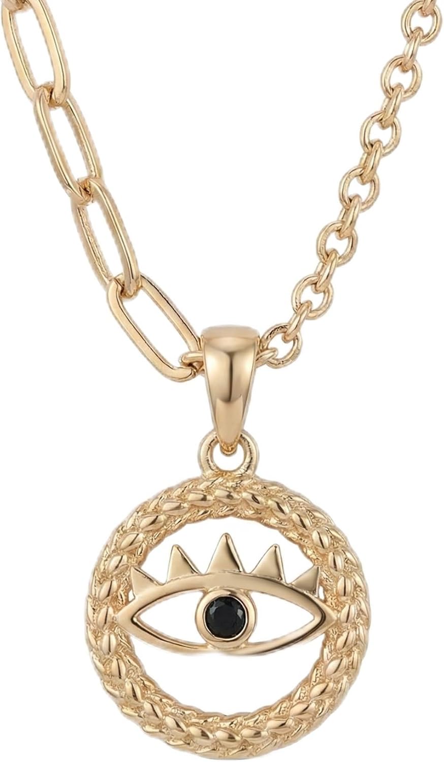 womens 14k gold necklace, 14k gold pendants for women, Evil Eye Pendant Necklace, 14K Gold Finish Textured Medallion, Black Stone Accent, Hypoallergenic Nickel-Free, Good Luck Gift for Her