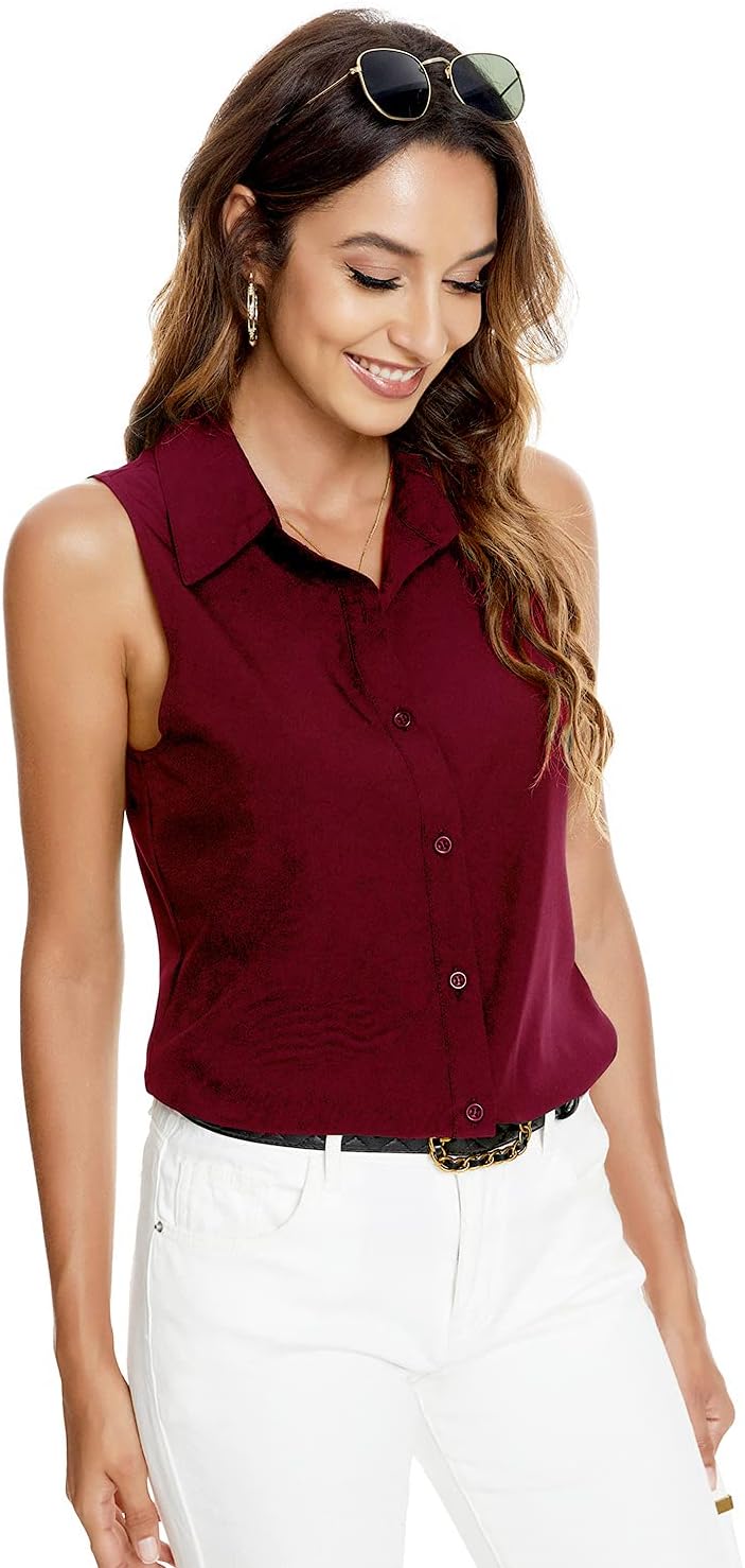 Womens Sleeveless Button Down Shirt Blouse Office Work Casual Classic Collar Shirts - Image 3