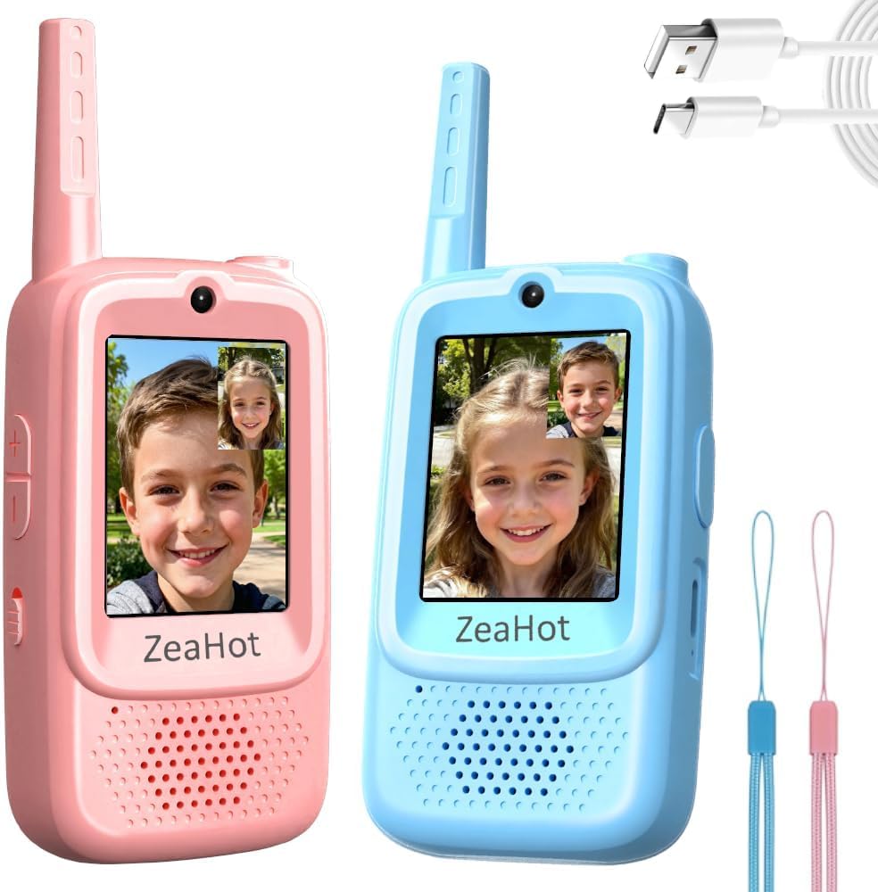 2026 Upgraded Kids Video Walkie Talkies 2 Pack, Rechargeable Long Range Walkie Talkies for Kids, Video Intercom with Photo Sharing, Voice Chat, Emoji Messaging, Voice-Changing Modes (Blue+Pink)