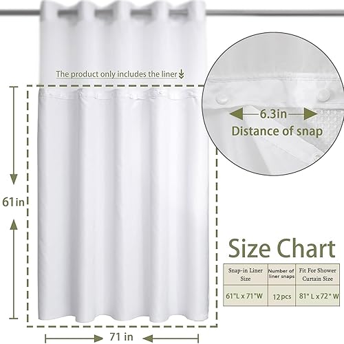 Miniatura 3 de YellyHommy Forro de tela impermeable, repuesto para cortina de ducha, 2 imanes, 71 pulgadas de ancho x 59 de largo para 72 pulgadas de ancho x 81 de