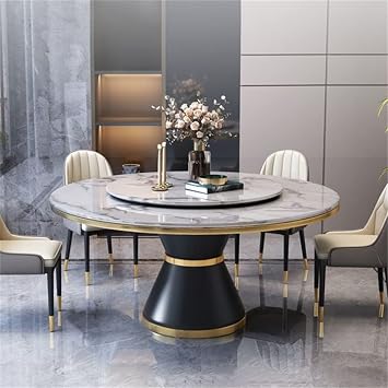 LAKIQ Modern Round Dining Table with Lazy Susan Marble Kitchen Dining Room Table Pedestal Dining Table(Black Lazy Susan,47.2 L x 47.2 W x 29.5 H)