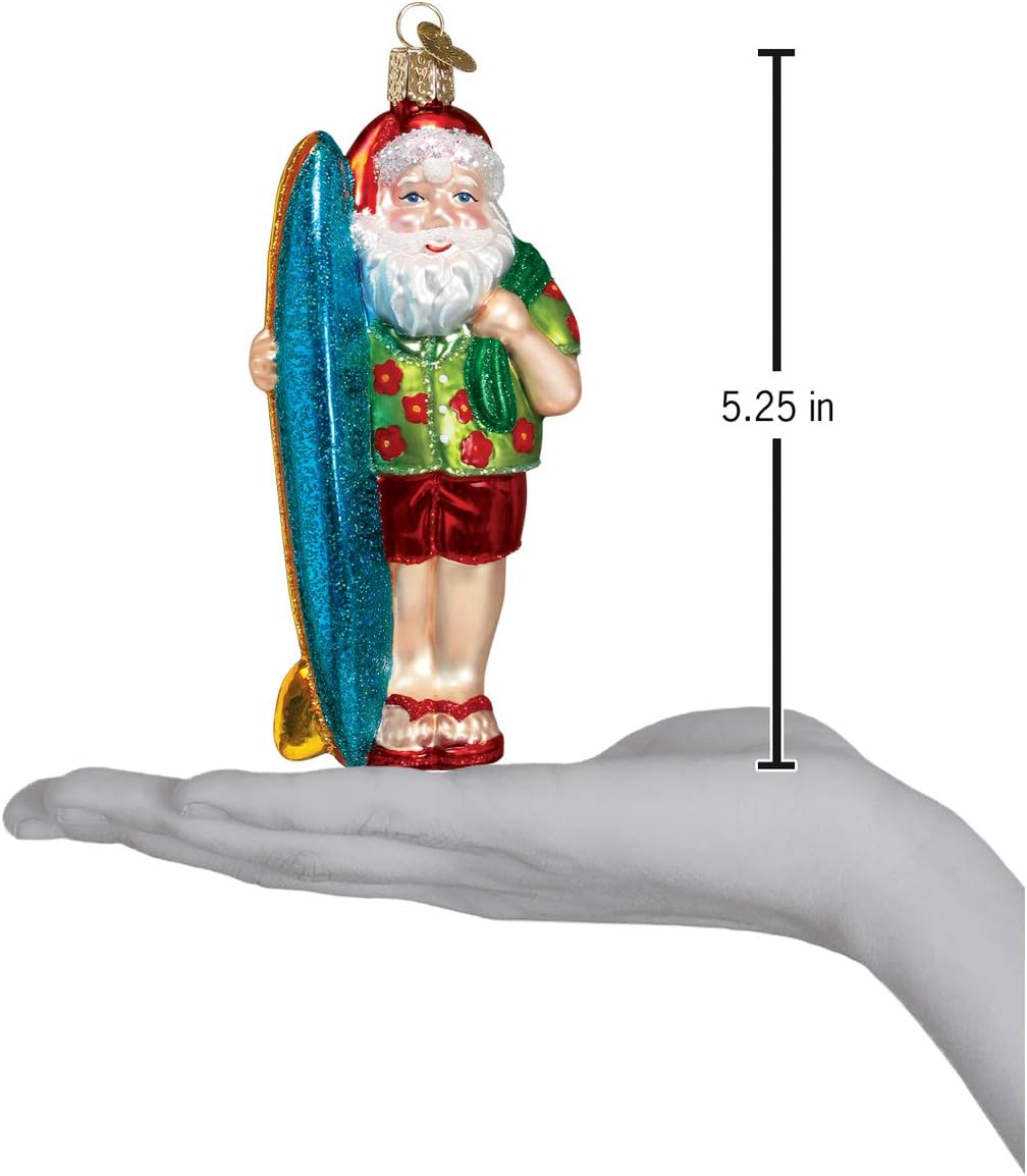 Old World Christmas Surfer Santa Glass Blown Ornament for Christmas Tree, Handcrafted Holiday Decoration, Santa Collection