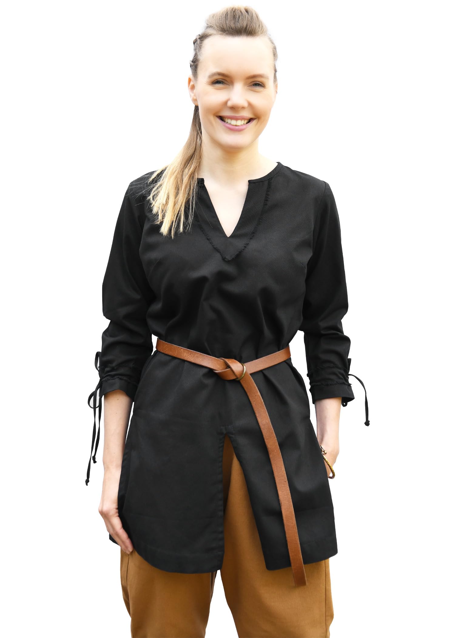 Battle-Merchant - Medieval Tunic Ylva for Women, Fitted Early Medieval Shirt, Shield Maid Outfit, LARP, Viking, Pirate, Costume, black, XXL