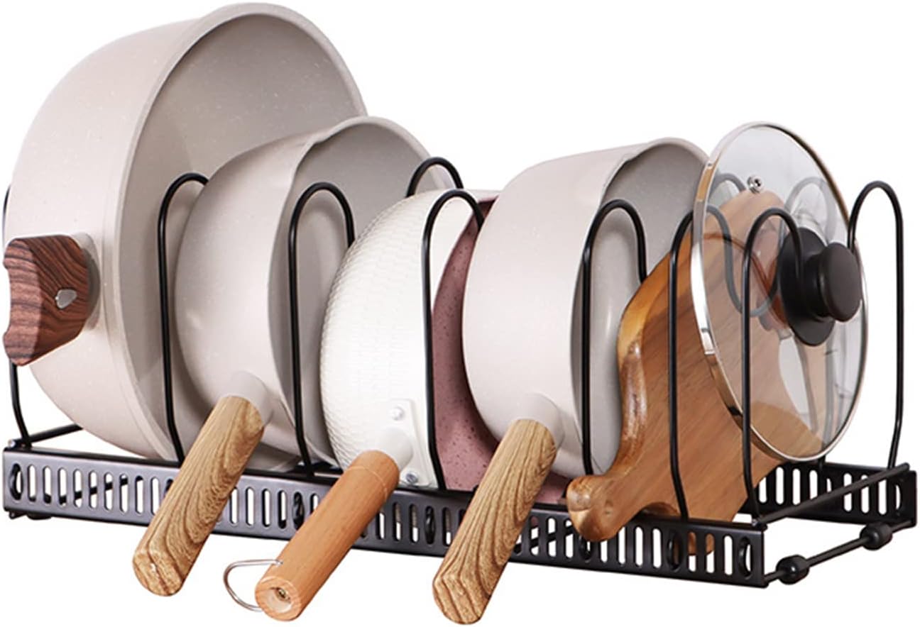 Expandable Pans Organiser Rack, Adjustable Pan Lid Holder with 7 Dividers, Pan Rack Holders Pot