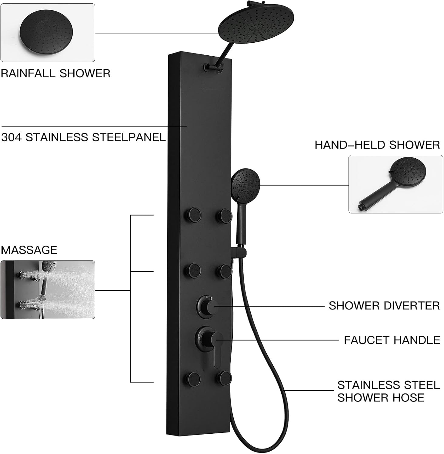 BWE 3 in1 Shower Panel Tower System Stainless Steel Multi-Function Shower Panel with 6 Body Massage Spray and Handheld Shower for Home Hotel Resort Split Type