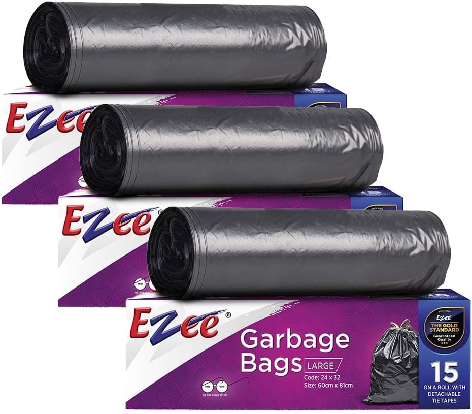 Ezee Plastic Large Garbage Bags 24 Inches X 32 Inches | 45 Units | Pack Of 3-15 Pieces Each Pack, Black