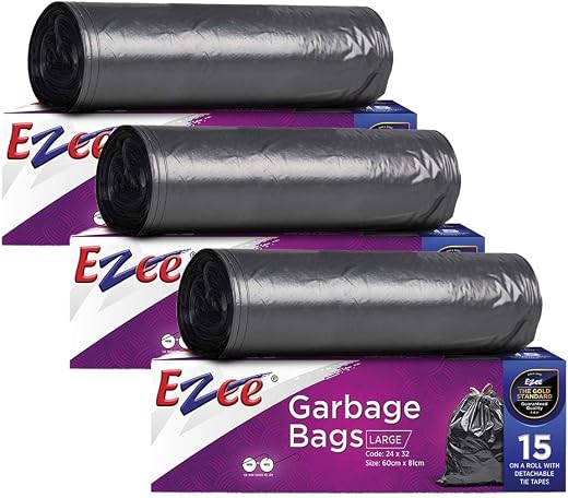 Ezee Plastic Large Garbage Bags 24 Inches X 32 Inches | 45 Units | Pack Of 3-15 Pieces Each Pack, Black