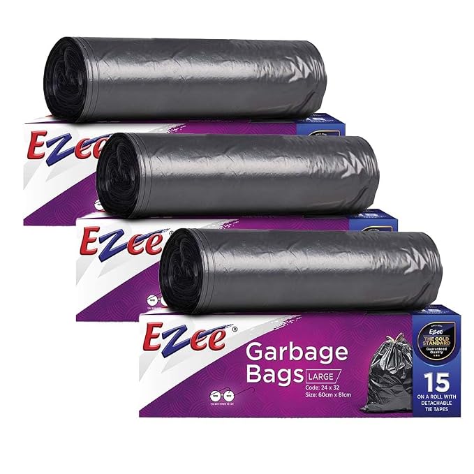 Ezee Plastic Large Garbage Bags 24 Inches X 32 Inches 45 Units Pack Of 3-15 Pieces Each Pack, Black