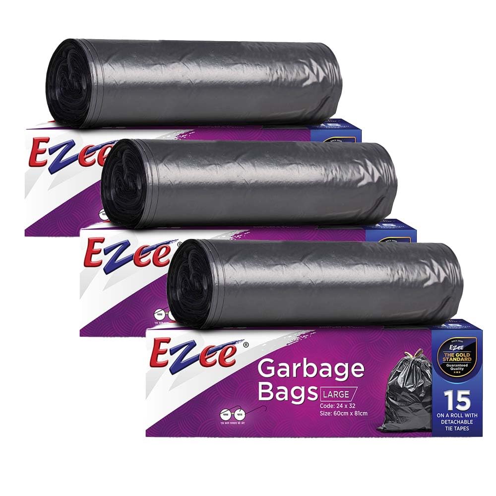 Ezee Plastic Large Garbage Bags 24 Inches X 32 Inches | 45 Units | Pack Of 3-15 Pieces Each Pack, Black