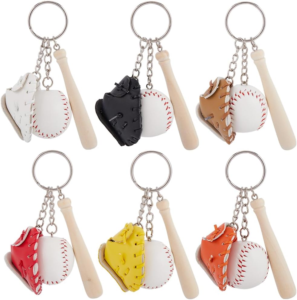 6Pcs 6 Colors Baseball Bat Keychain Bulk Mini Baseball Keychains Wooden Bat Baseball Gloves Key Ring PU Leather Sports Keychains for Party Favors Men Women Team Athletes Souvenir Birthday