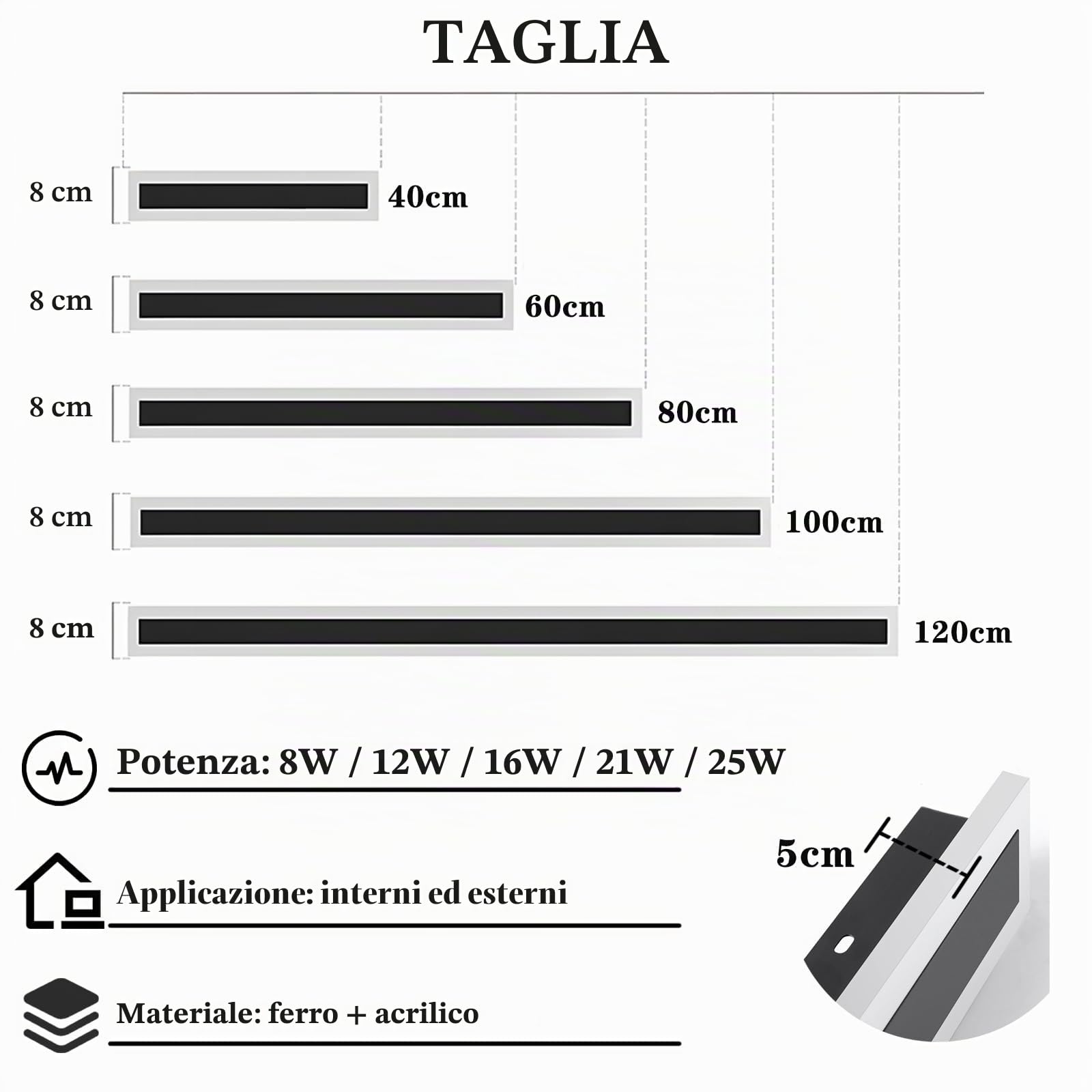 Applique Esterno LED 8W 40CM Nero IP65,Luce Bianco Naturale 4000K
