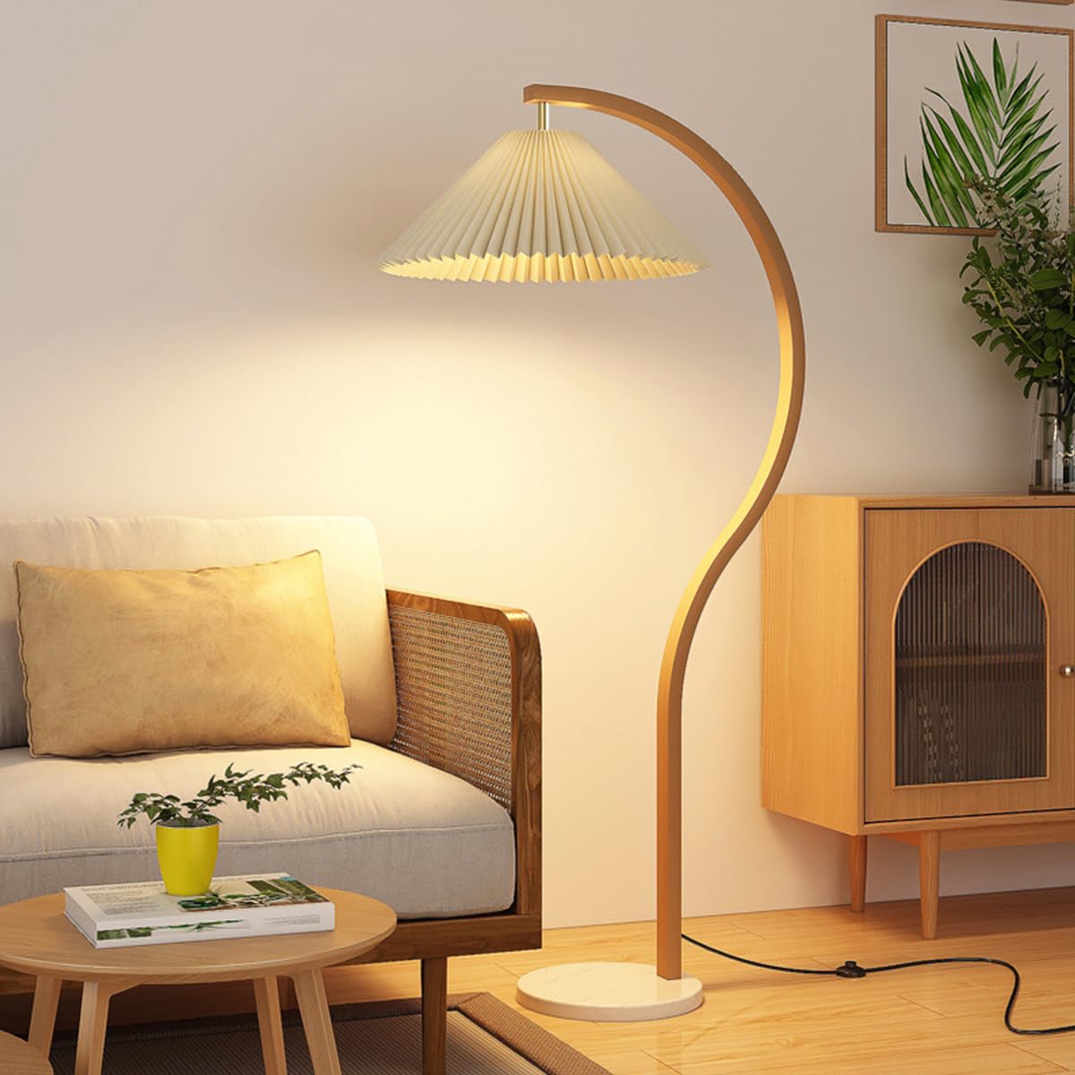 HGJHJJHK Nordic Cream Style Floor Lamps Wood Grain Simple Pleated Floor Lamp Adjustable Lamp Head Standing Lamp with Foot Switch 60" Arc Tall Lamp with Marble Base for Living Room Bedroom Office