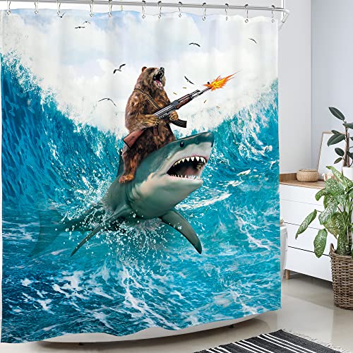 Image of Funny Bear Riding Shark Shower Curtain Humor Surfing 60Wx72H Inch Decor | Cool Animal Beach Blue Waves Ocean Birds Clouds Boys Men Art Waterproof Polyester Fabric Bathroom 12 Hooks