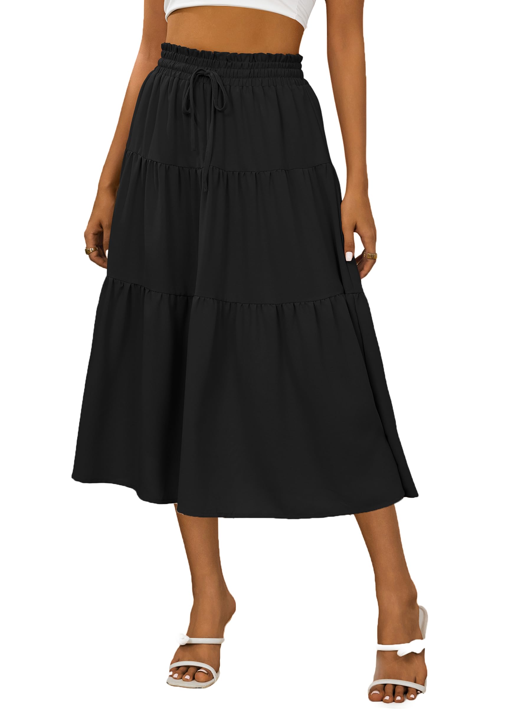 Anbech Womens Casual Midi Skirt Elastic High Waisted Summer Beach Skirts Trendy Pleated A-Line Dress